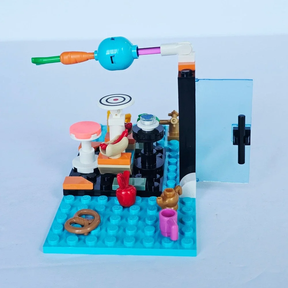 LEGO Custom Food Stand Cafe Baseplate with Hot Dogs Pretzel Fruit Accessories